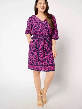 Studio Park Pink and Navy Floral Belted Shift Dress - Plus Size 3X Petite